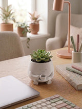 Kahve İçen Sevimli Figürlü Mini Sukulent ve Kaktüs Saksısı 8x6 cm Masaüstü Ofis Dekorasyonu