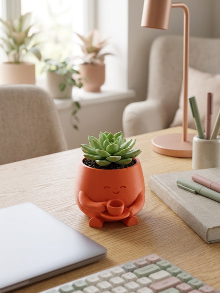 Kahve İçen Sevimli Figürlü Mini Sukulent ve Kaktüs Saksısı 8x6 cm Masaüstü Ofis Dekorasyonu
