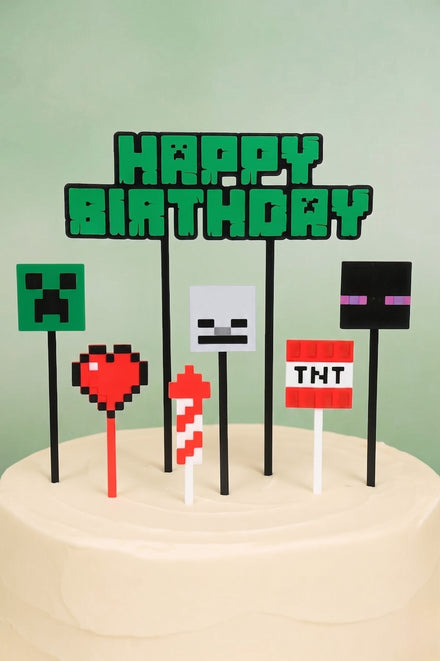 Minecraft Temalı Doğum Günü Pasta Süsü Seti - 7 Parça Oyuncu Konsept Parti Malzemesi Çevre Dostu