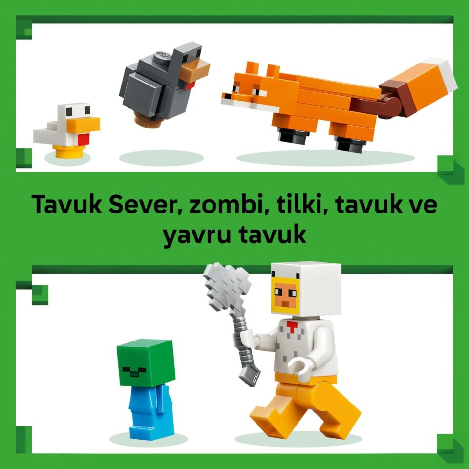 LEGO Minecraft Tavuk Çiftliği 21585-7 Yaş ve Üzeri Çocuklar için Tavuk Sever Minifigürü, Yavru Zombi, Tilki, Soğuk Tavuk ve Civciv İçeren Yaratıcı Oyuncak Yapım Seti, Hediye Fikri (233 Parça)