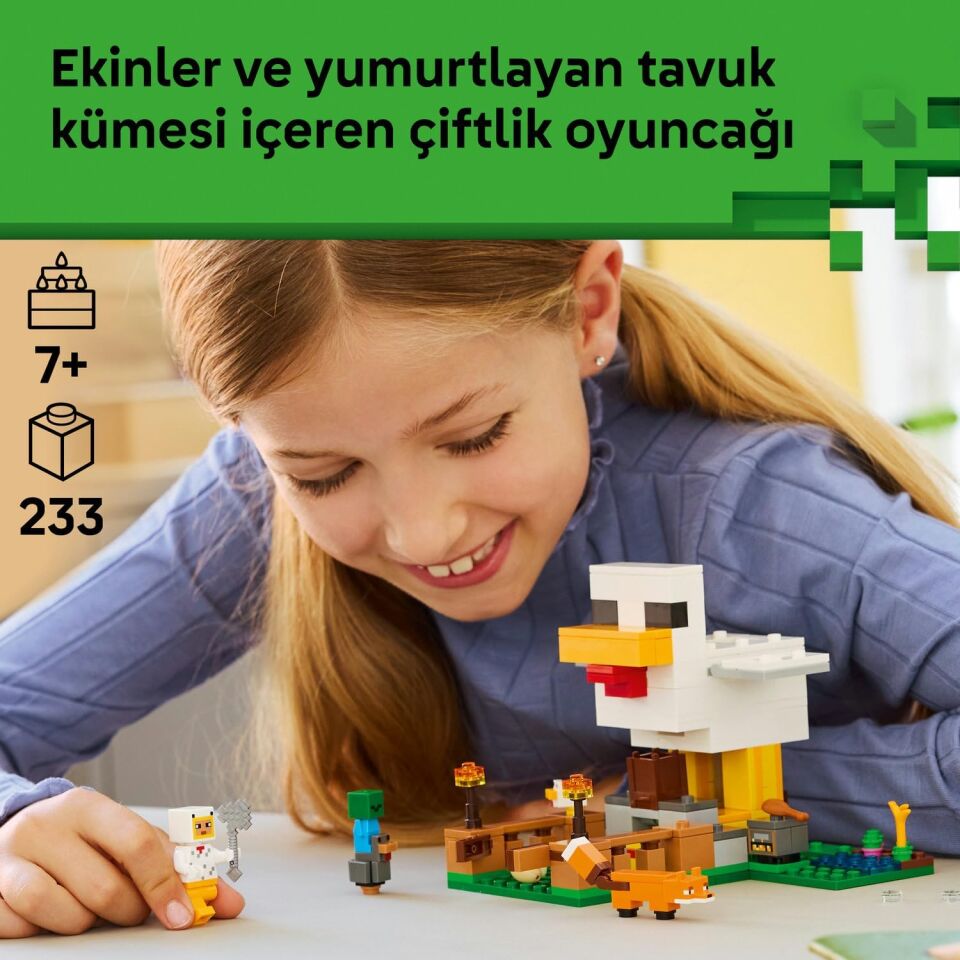 LEGO Minecraft Tavuk Çiftliği 21585-7 Yaş ve Üzeri Çocuklar için Tavuk Sever Minifigürü, Yavru Zombi, Tilki, Soğuk Tavuk ve Civciv İçeren Yaratıcı Oyuncak Yapım Seti, Hediye Fikri (233 Parça)