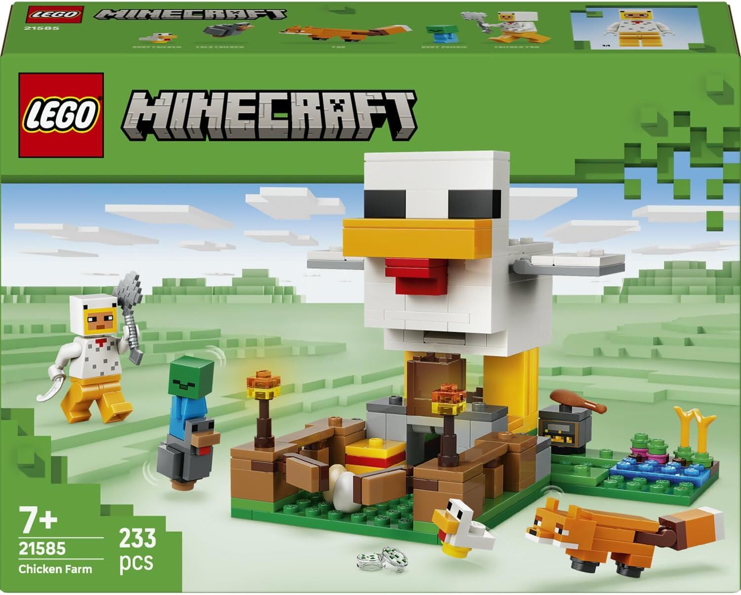 LEGO Minecraft Tavuk Çiftliği 21585-7 Yaş ve Üzeri Çocuklar için Tavuk Sever Minifigürü, Yavru Zombi, Tilki, Soğuk Tavuk ve Civciv İçeren Yaratıcı Oyuncak Yapım Seti, Hediye Fikri (233 Parça)