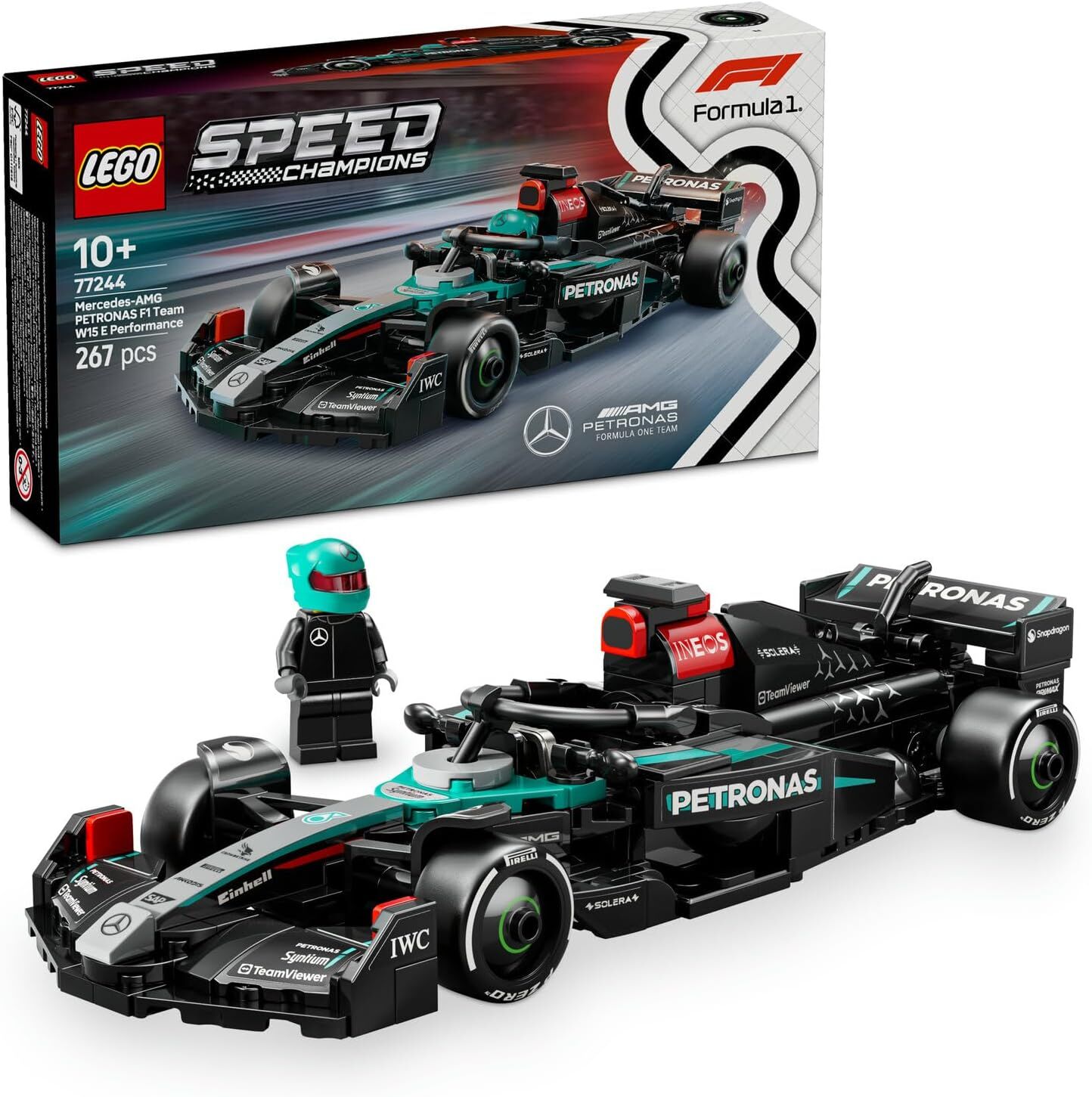 LEGO Speed Champions Mercedes-AMG F1 W15 Yarış Arabası 77244 – 10 Yaş ve Üzeri Kız ve Erkek Çocukları için Koleksiyonluk Sürücü Minifigürü İçeren Yapım Seti ve Sergileme Seti (267 Parça)
