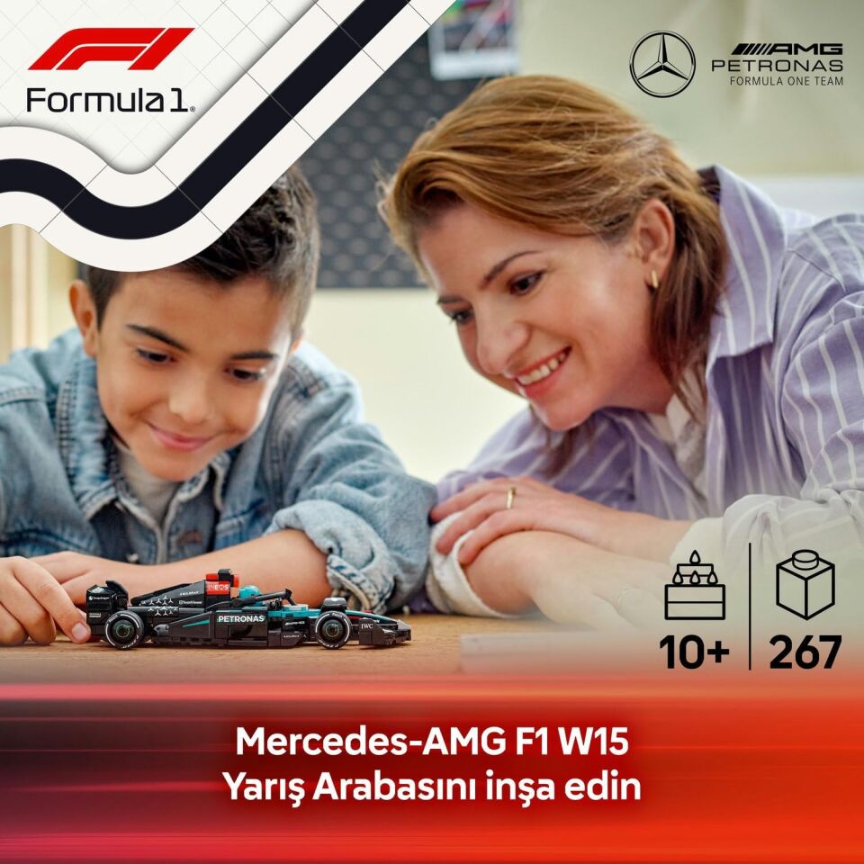 LEGO Speed Champions Mercedes-AMG F1 W15 Yarış Arabası 77244 – 10 Yaş ve Üzeri Kız ve Erkek Çocukları için Koleksiyonluk Sürücü Minifigürü İçeren Yapım Seti ve Sergileme Seti (267 Parça)