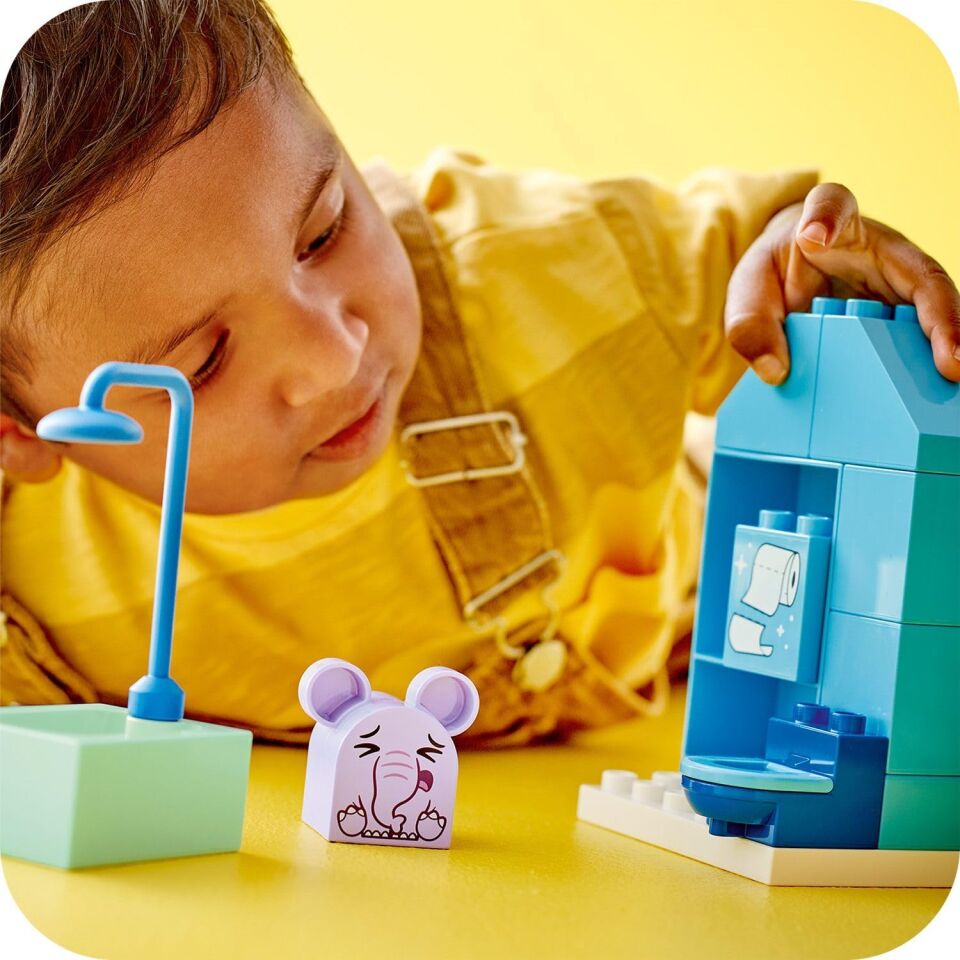 LEGO DUPLO İlk Günlük Rutinlerim: Banyo Zamanı 10413 – 1.5 Yaş ve Üzeri Çocuklar için Eğitici Hediye Fikri, 2 Oyuncak Fil, İnşa Edilebilen Tuvalet, Banyo ve Duş İçeren Oyuncak Yapım Seti (15 Parça)