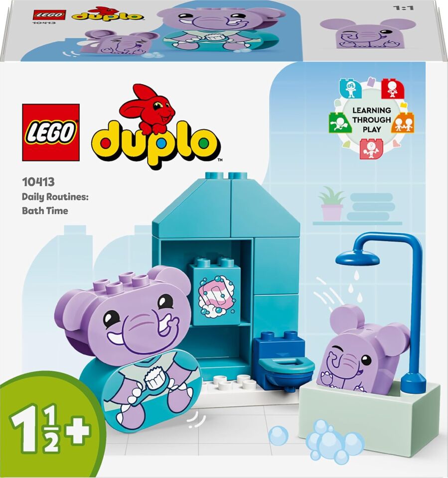 LEGO DUPLO İlk Günlük Rutinlerim: Banyo Zamanı 10413 – 1.5 Yaş ve Üzeri Çocuklar için Eğitici Hediye Fikri, 2 Oyuncak Fil, İnşa Edilebilen Tuvalet, Banyo ve Duş İçeren Oyuncak Yapım Seti (15 Parça)