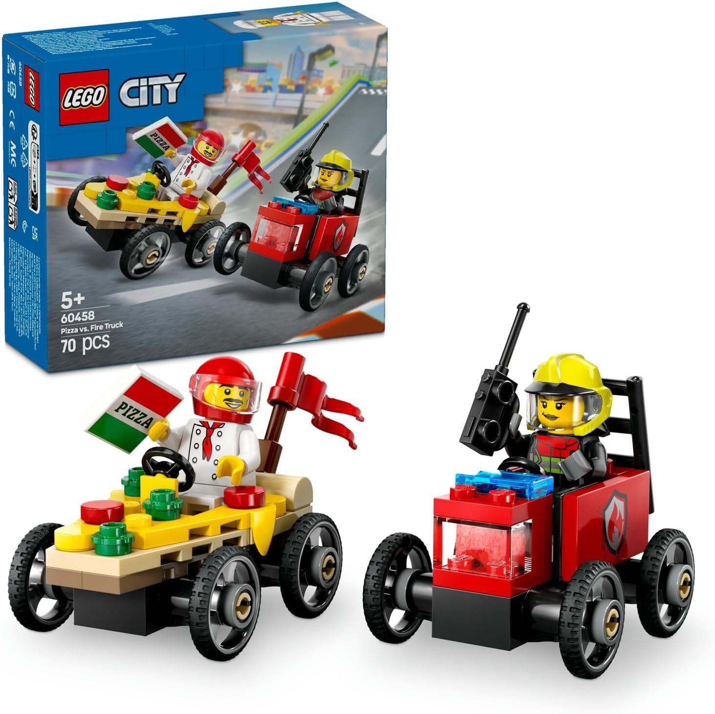 LEGO City Pizza Arabası İtfaiye Kamyonuna Karşı Yarış Arabası Paketi 60458-5 Yaş ve Üzeri Çocuklar için Yaratıcı Oyuncak Yapım Seti, Doğum Günü Hediyesi (70 Parça)