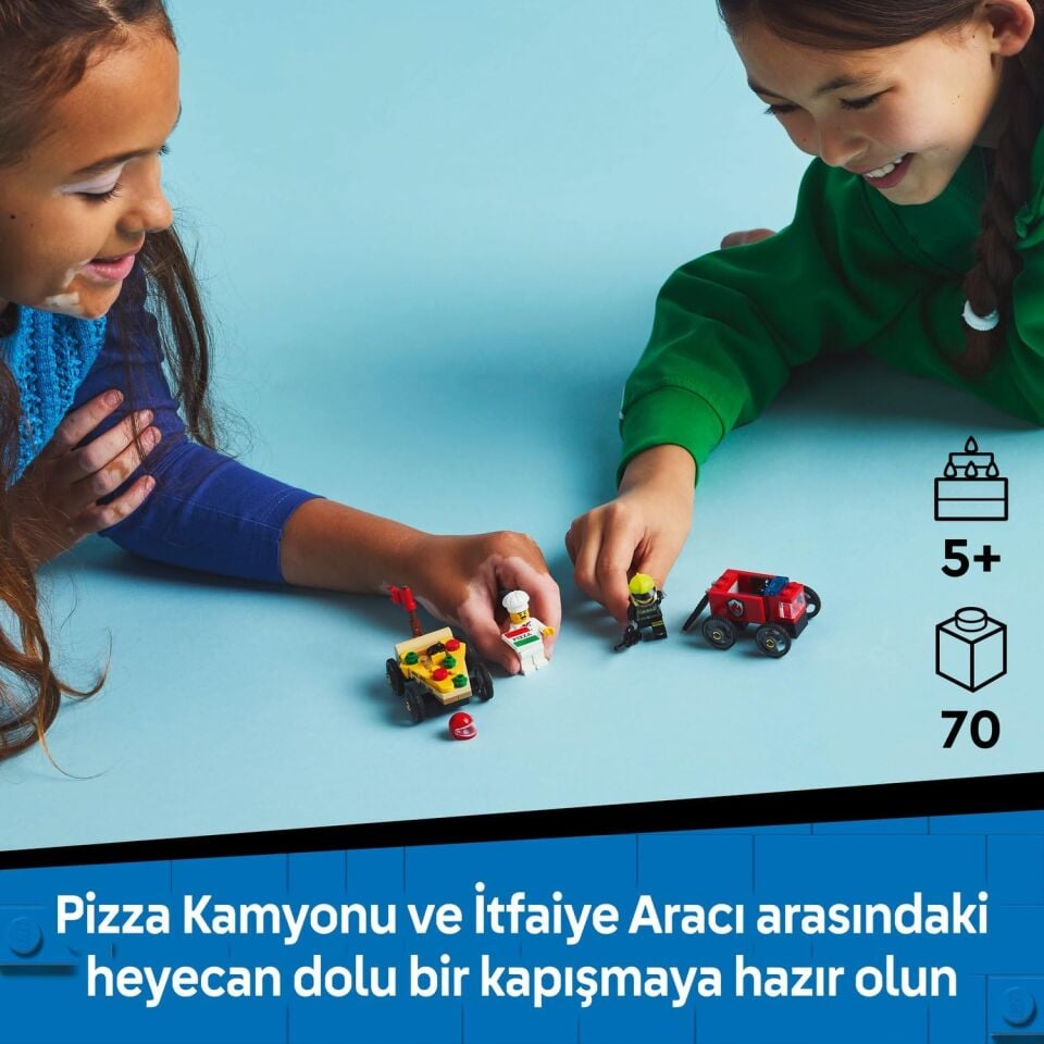 LEGO City Pizza Arabası İtfaiye Kamyonuna Karşı Yarış Arabası Paketi 60458-5 Yaş ve Üzeri Çocuklar için Yaratıcı Oyuncak Yapım Seti, Doğum Günü Hediyesi (70 Parça)