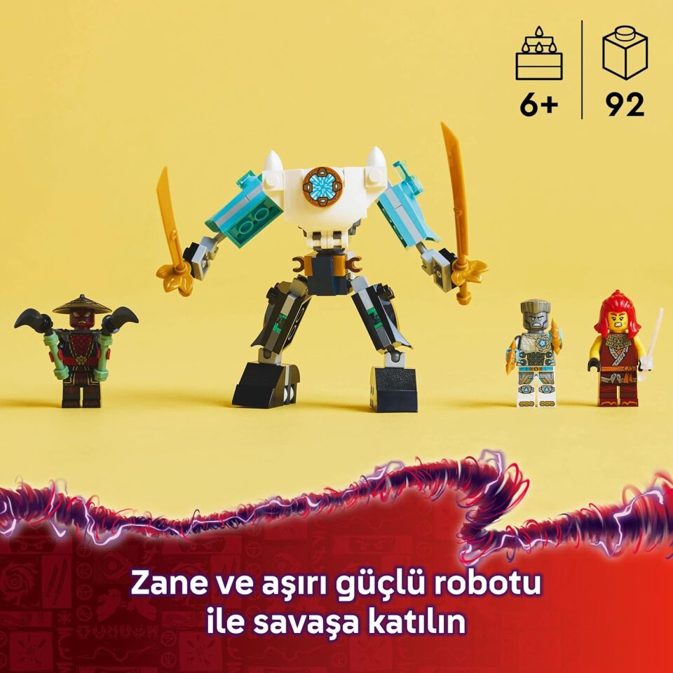 LEGO NINJAGO Zane’in Savaş Zırhı Mech’i 71827-6 Yaş ve Üzeri Çocuklar için 3 Minifigürlü Yaratıcı Oyuncak Yapım Seti, Doğum Günü Hediyesi (92 Parça)