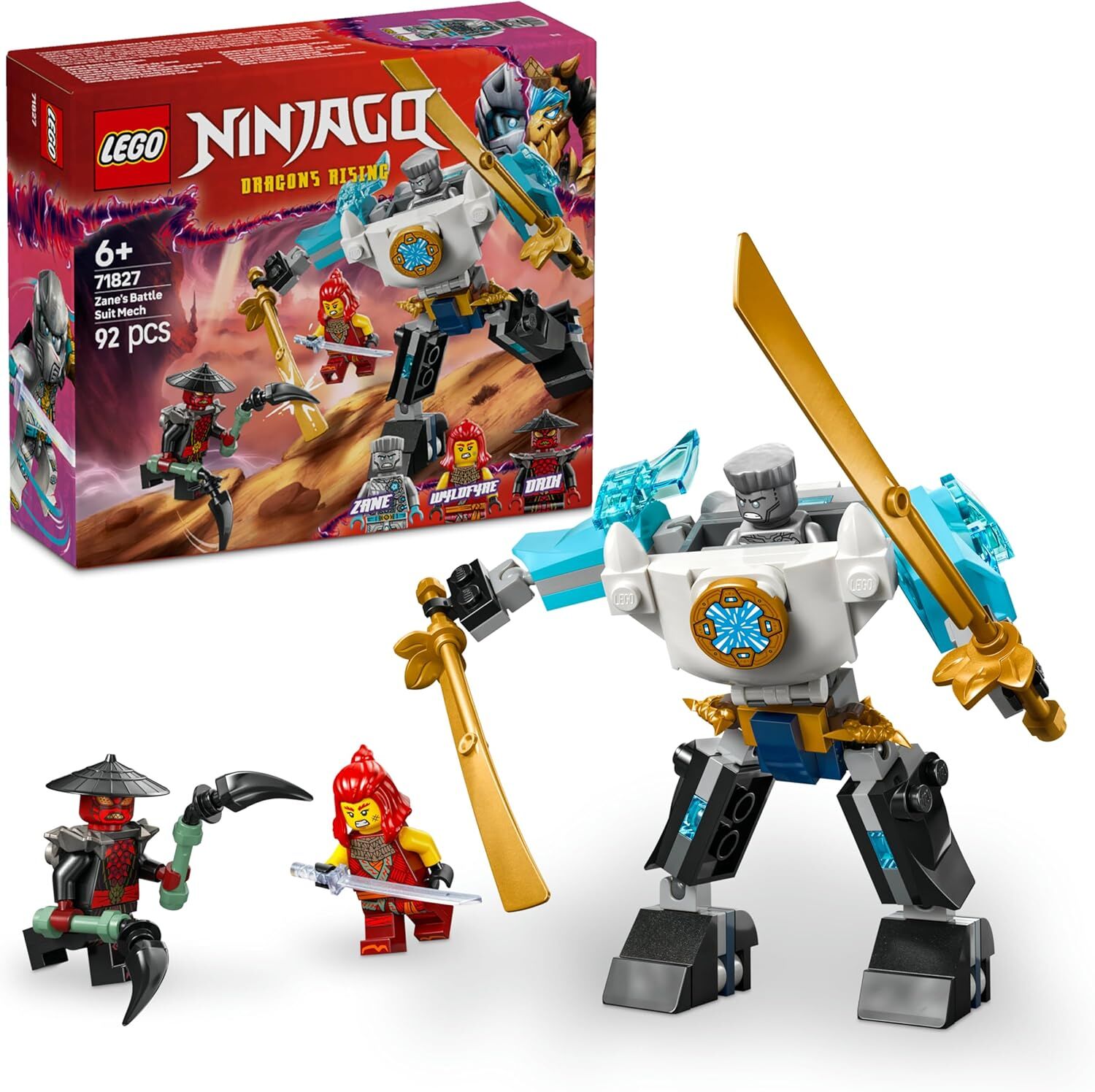 LEGO NINJAGO Zane’in Savaş Zırhı Mech’i 71827-6 Yaş ve Üzeri Çocuklar için 3 Minifigürlü Yaratıcı Oyuncak Yapım Seti, Doğum Günü Hediyesi (92 Parça)