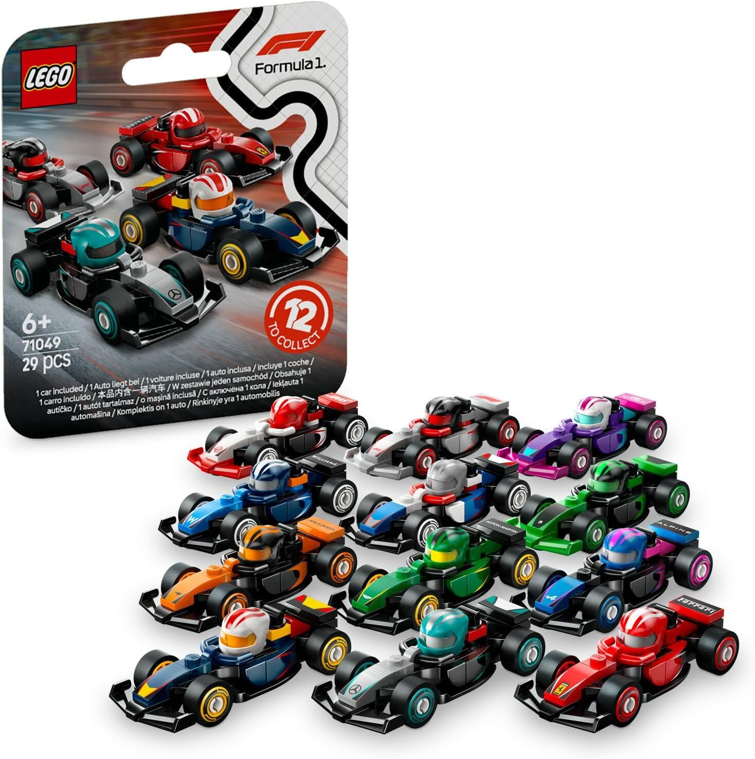 LEGO F1 Koleksiyonluk Yarış Arabaları 71049-6 Yaş Üzeri Kız ve Erkek Çocuklar için Ferrari ve McLaren Dahil 12 Formula 1 Takımının Mini Araba Modellerini İçeren Oyuncak Araba Yapım Seti (29 Parça)