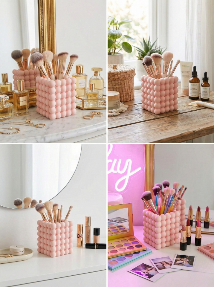 Estetik Kabarcıklı (Bubble) Makyaj Organizeri / Çok Amaçlı Kalemlik - Masa Düzenleyici- Pembe