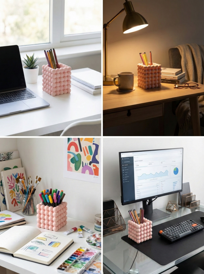 Estetik Kabarcıklı (Bubble) Makyaj Organizeri / Çok Amaçlı Kalemlik - Masa Düzenleyici- Pembe