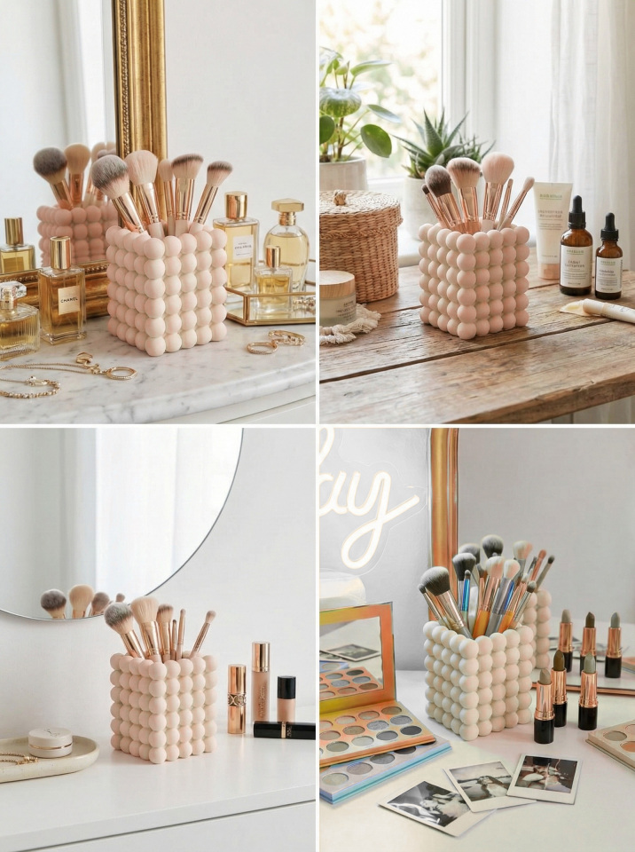 Estetik Kabarcıklı (Bubble) Makyaj Organizeri / Çok Amaçlı Kalemlik - Masa Düzenleyici-Beyaz