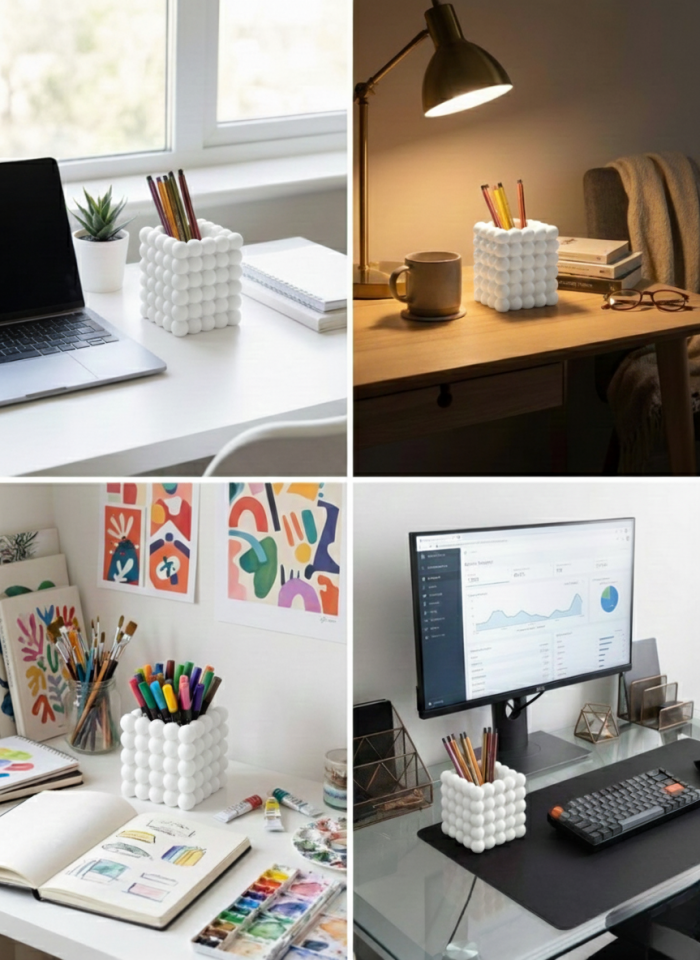 Estetik Kabarcıklı (Bubble) Makyaj Organizeri / Çok Amaçlı Kalemlik - Masa Düzenleyici-Beyaz