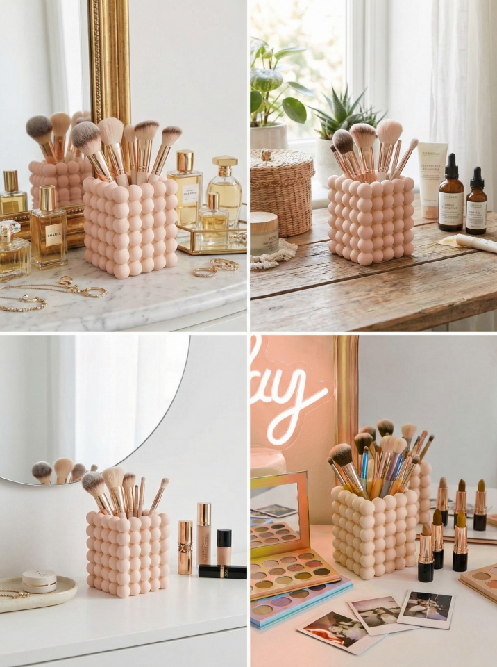 Estetik Kabarcıklı (Bubble) Makyaj Organizeri / Çok Amaçlı Kalemlik - Masa Düzenleyici-Bej