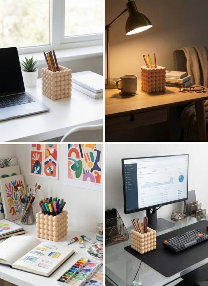 Estetik Kabarcıklı (Bubble) Makyaj Organizeri / Çok Amaçlı Kalemlik - Masa Düzenleyici-Bej