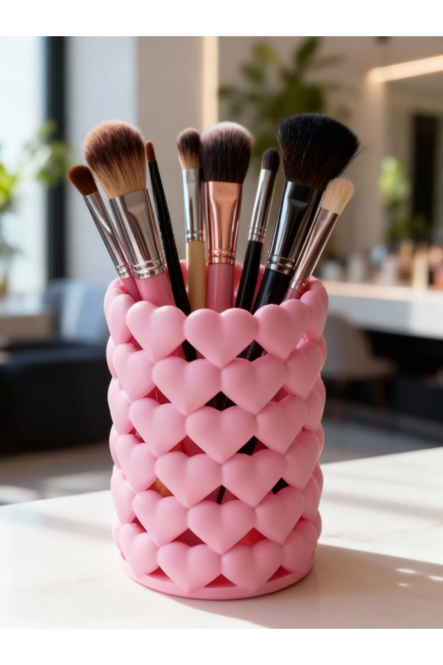 Kalpli Pembe Organizer – Makyaj Fırçalık, Kalemlik ve Aksesuar Düzenleyici - 9 x 12 cm