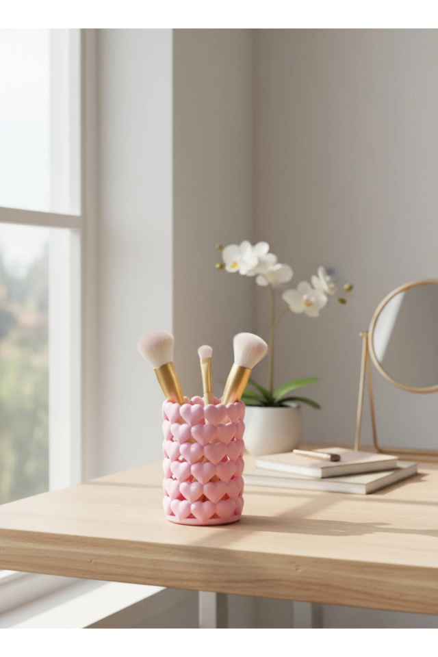 Kalpli Pembe Organizer – Makyaj Fırçalık, Kalemlik ve Aksesuar Düzenleyici - 9 x 12 cm